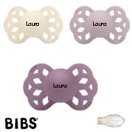 BIBS Infinity Sutter med navn str2, 1 Mauve, 1 Ivory, 1 Dusky Lilac, Symmetrisk Silikone